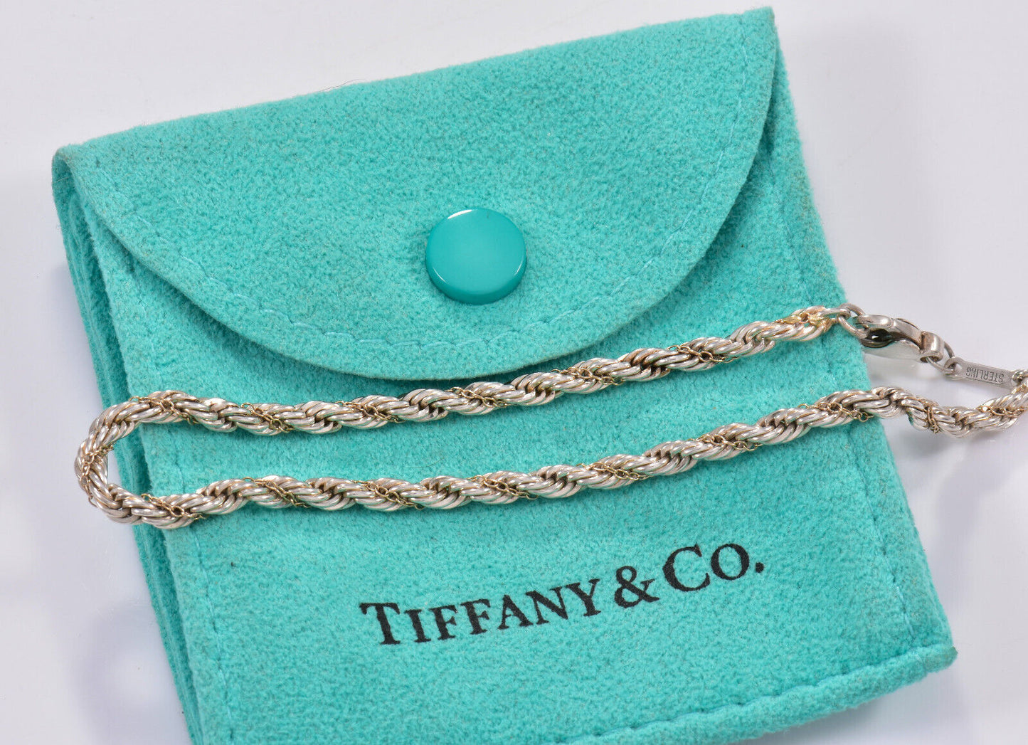 7.5" Vintage Tiffany & Co Silver Gold Thin 3.5mm Rope Chain Bracelet in Pouch