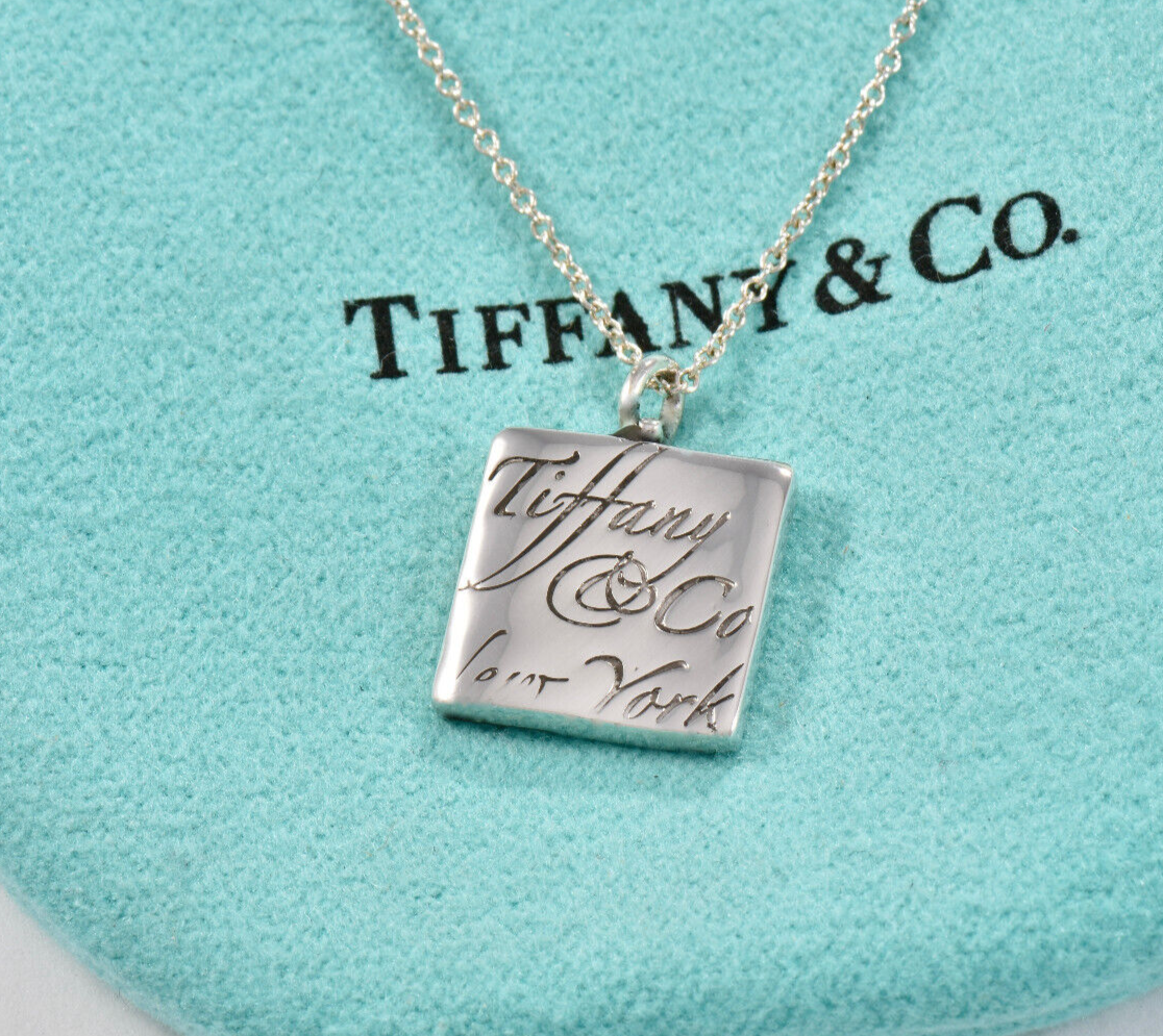 16.5" Tiffany & Co Silver NY Notes Square Wavy Pendant Necklace in Pouch Rare