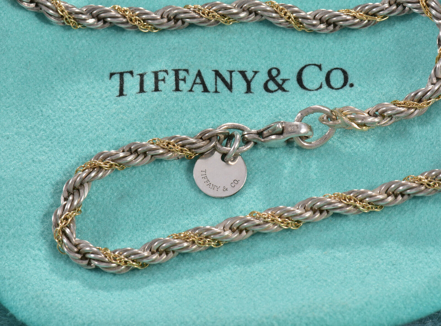 Tiffany & Co 18K Gold Silver 4mm 18" Rope Chain Necklace Unisex Mens Twist Pouch