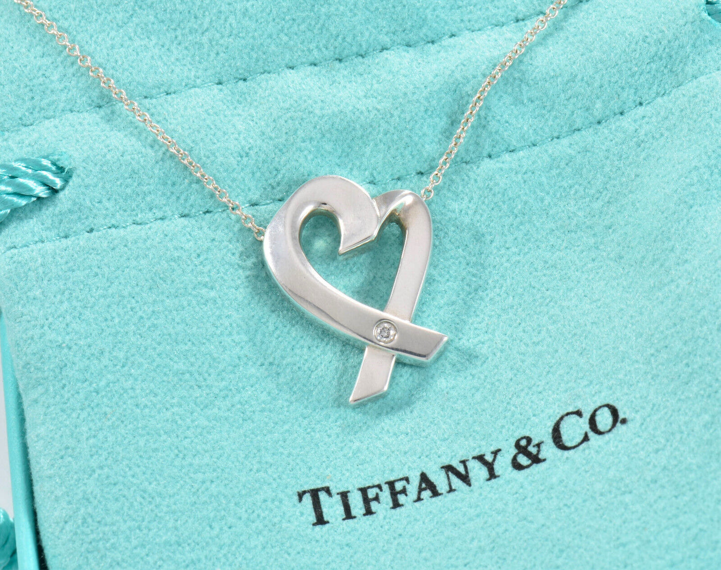 19.75" Tiffany & Co Silver Diamond Large Picasso Loving Heart Pendant Necklace