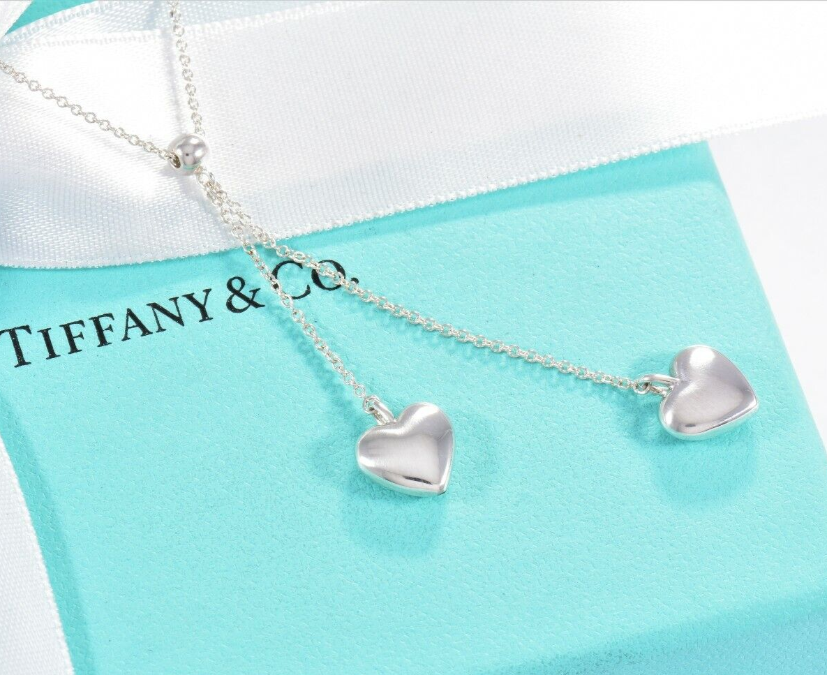 Boxed Tiffany & Co Silver Double Puff Heart Bead Drop Pendant Necklace Dangle