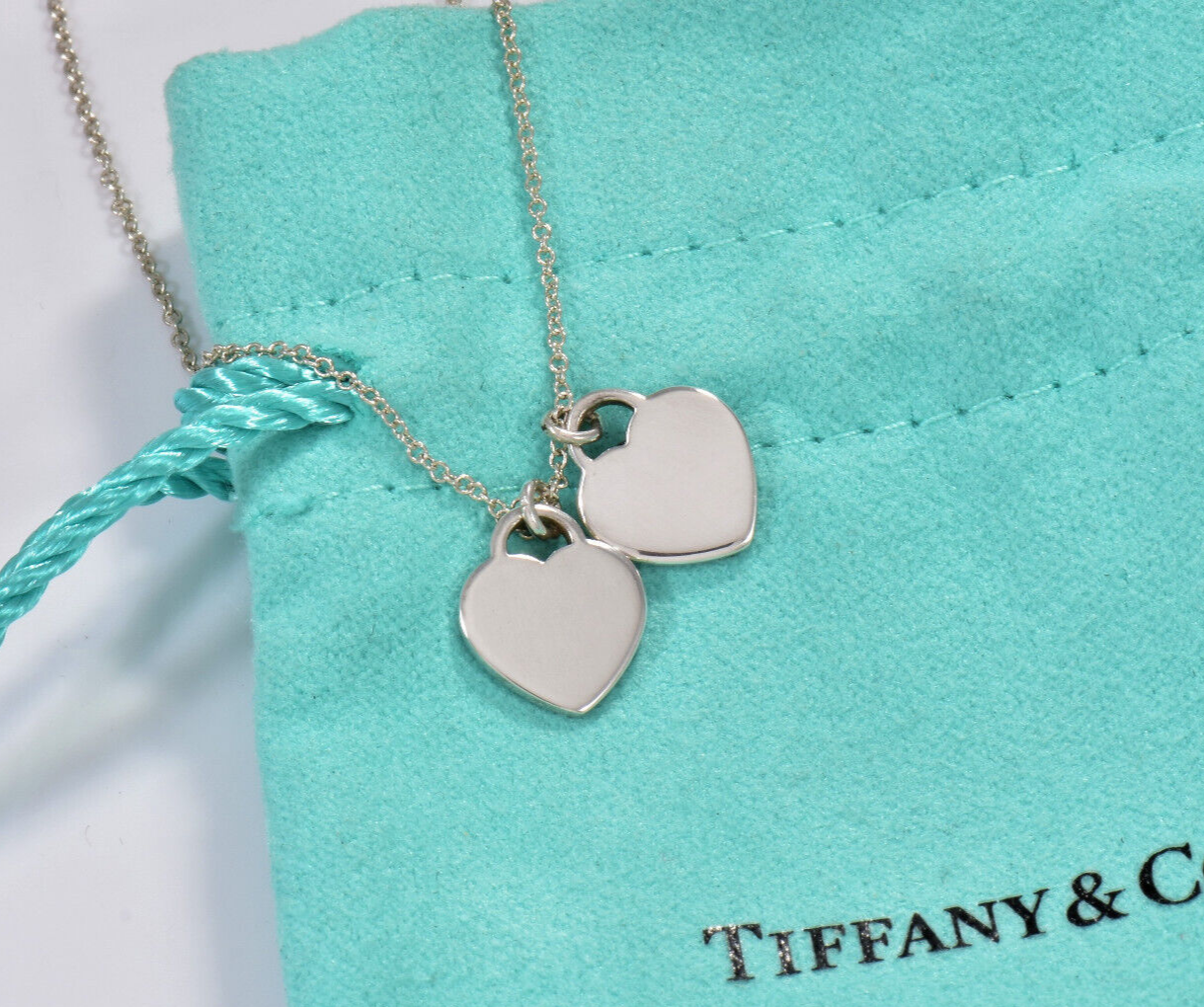 16.5" Please Return Tiffany & Co Silver Mini Double Heart Blue Enamel Necklace