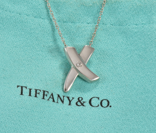 Tiffany & Co Diamond Silver Paloma Picasso 15mm X Pendant Necklace in Pouch Rare