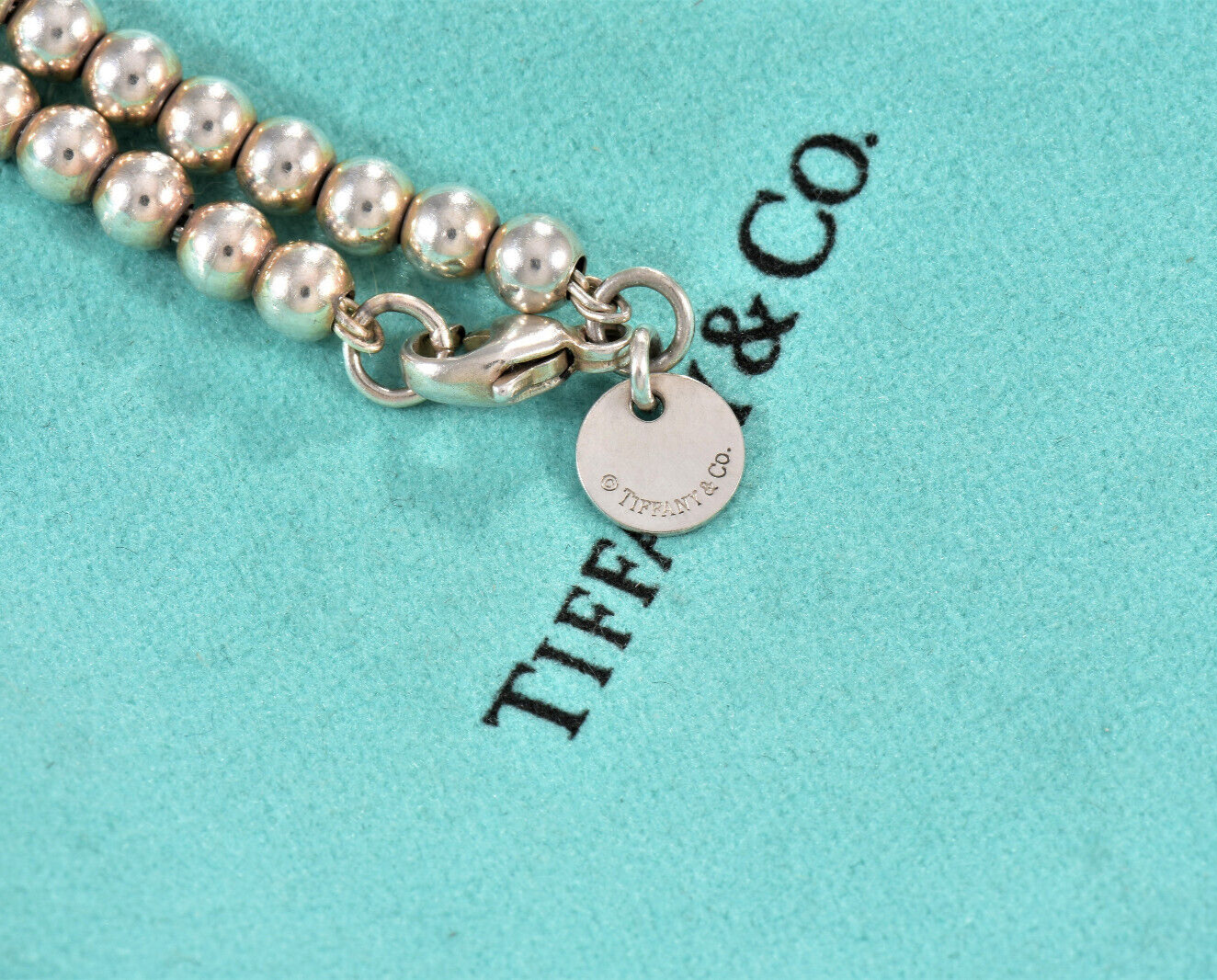 Please Return To Tiffany & Co Silver Blue Enamel Heart Charm Bead 6.75" Bracelet