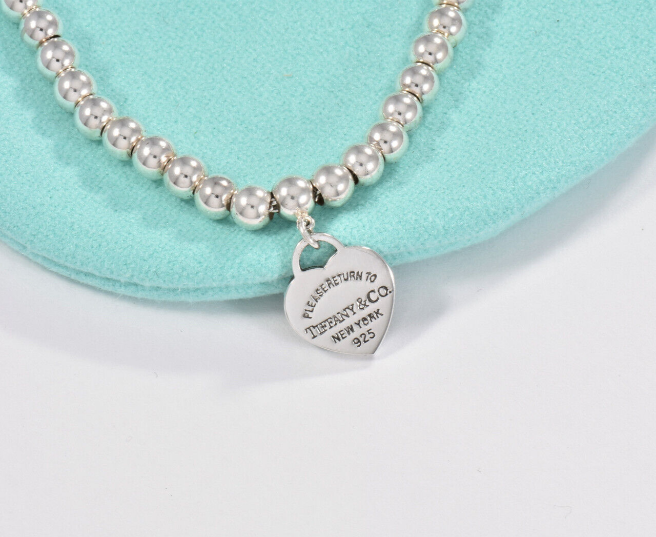 7" Please Return To Tiffany & Co Silver Red Enamel Heart Charm Bead Bracelet Box