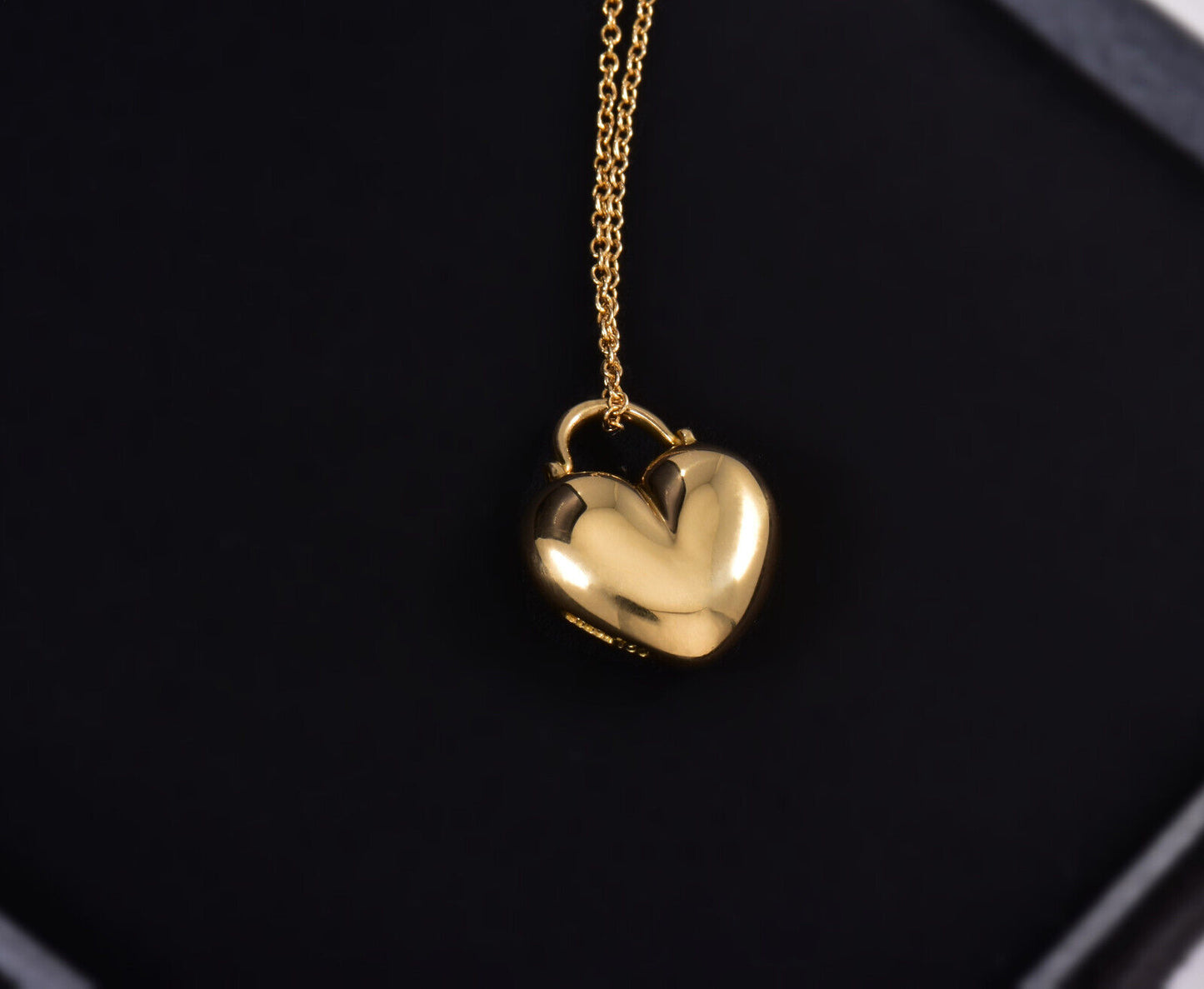 Vintage Tiffany & Co 18K Yellow Gold Puff Heart Swivel Pendant 17" Necklace Rare