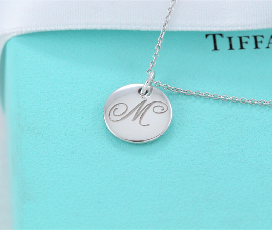 Tiffany & Co Silver Letter M Cursive Circle Pendant 16.25" Necklace in Box Pouch