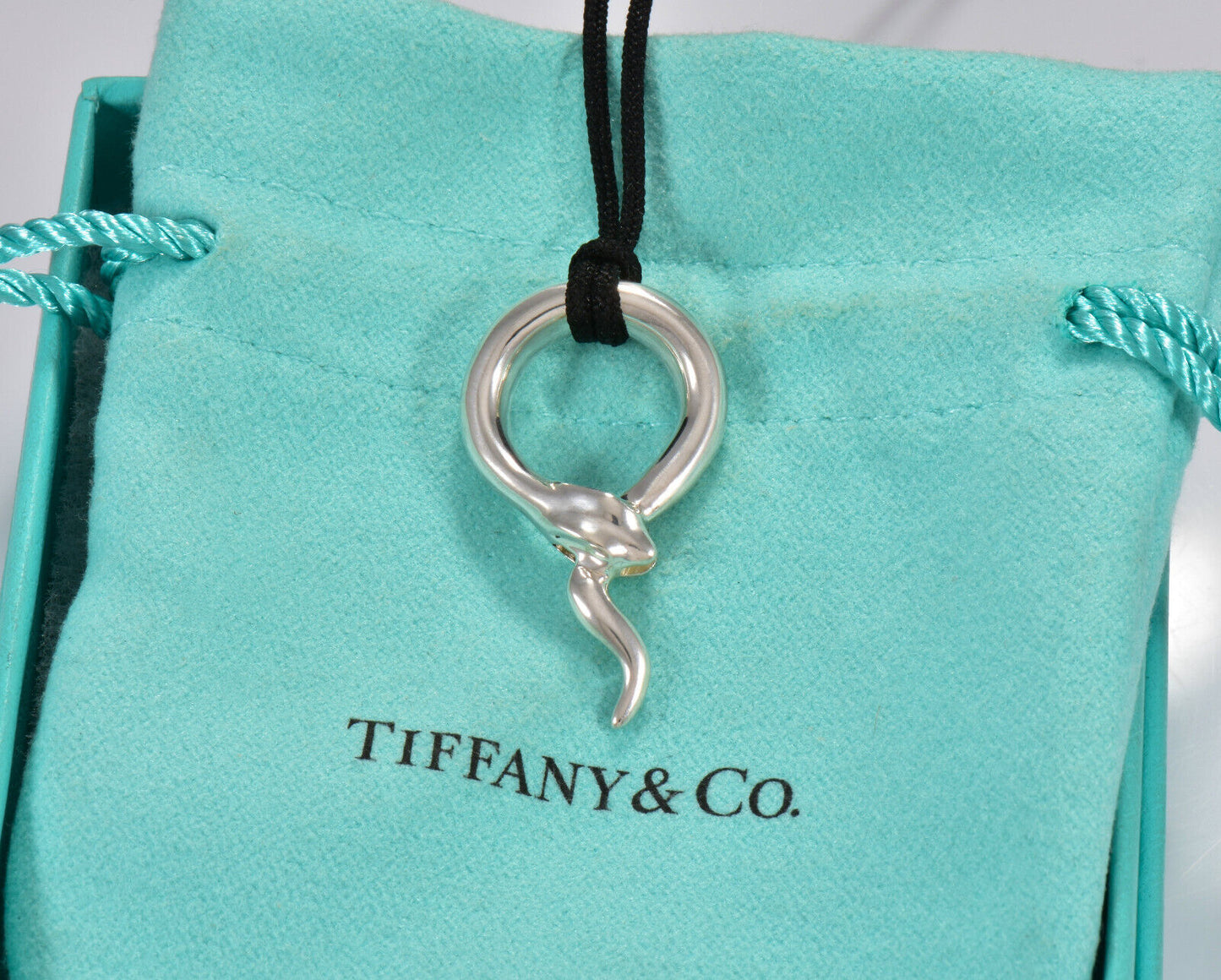 20.5" Tiffany & Co Silver Elsa Peretti Snake Pendant Silk Necklace in Pouch Rare