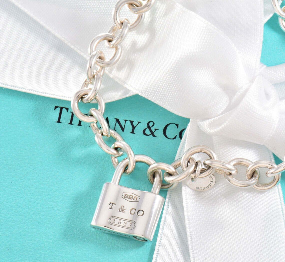 7.75" Tiffany & Co Sterling Silver 1837 Lock Chain Link Bracelet in Pouch Rare