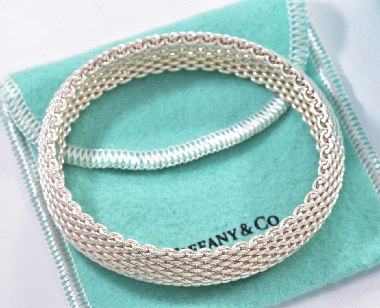 7.4” Tiffany & Co Silver Somerset Mesh Dome Bangle Bracelet in Box Pouch Ribbon