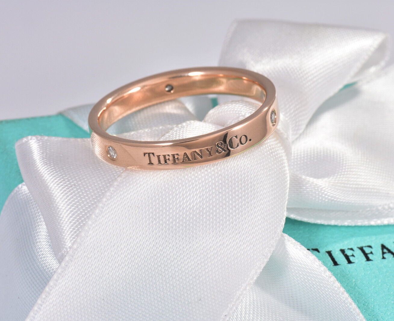 Size 5.5 Tiffany & Co Rose Gold Three Diamond 3mm Band Ring in Box Pouch Lovely