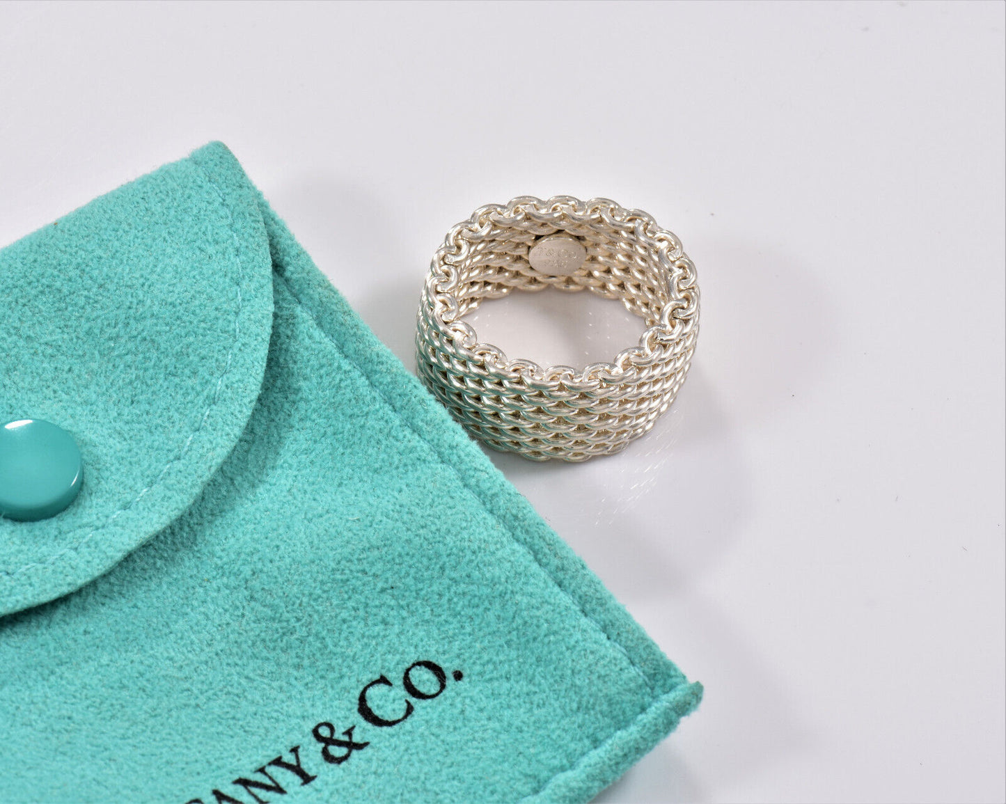 Size 7 Tiffany & Co Somerset Sterling Silver Mesh Love Ring in Pouch Band