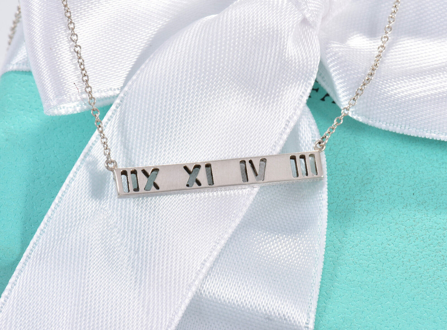 Tiffany & Co Silver Atlas Roman Numeral Bar Pendant Adjustable Necklace in Pouch