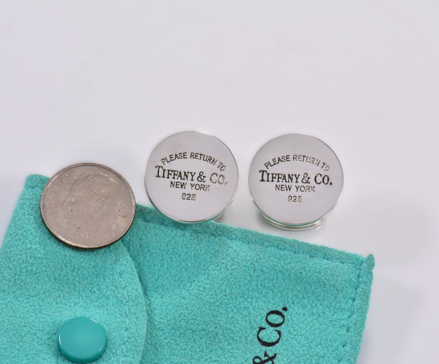 Please Return Tiffany & Co Sterling Silver Round Cufflinks in Pouch Mens Circle