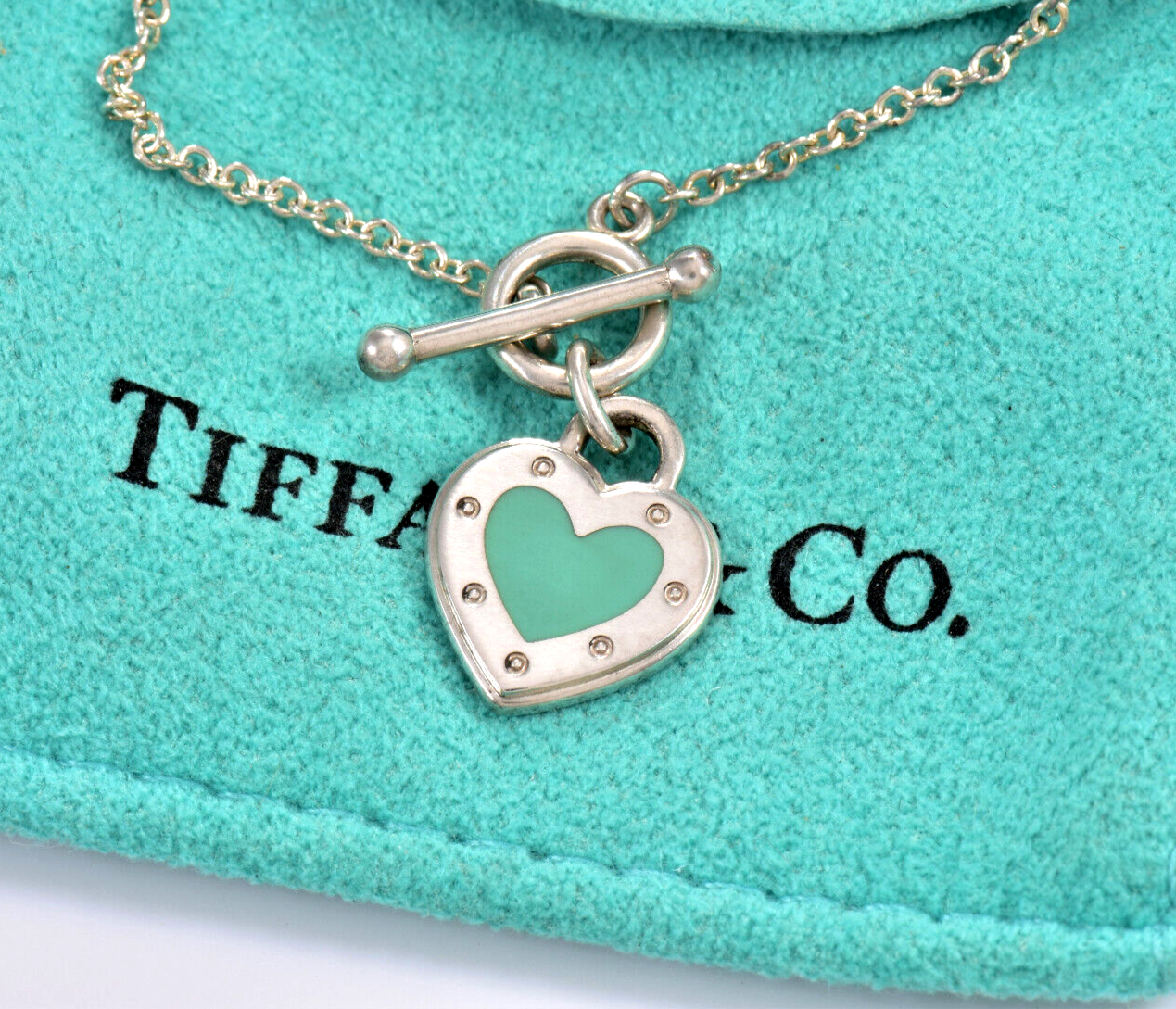 6.75" Return To Tiffany & Co Silver Blue Enamel Heart Charm Toggle Bracelet Box