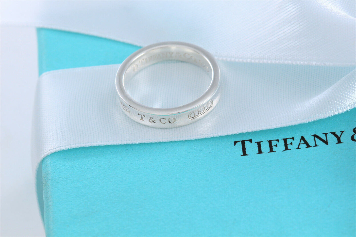 Tiffany & Co Silver 1837 Narrow Band Stack Ring Size 8 in Pouch Unisex Mens