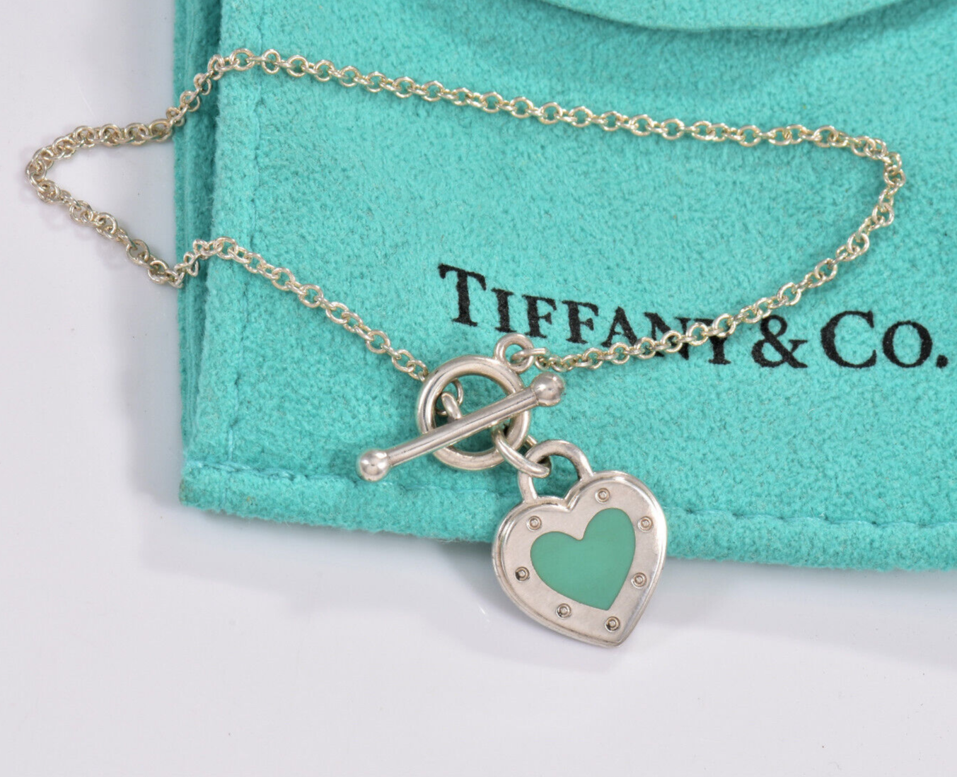 Return To Tiffany & Co Silver Blue Enamel Heart Charm Toggle 6.25" Bracelet Rare