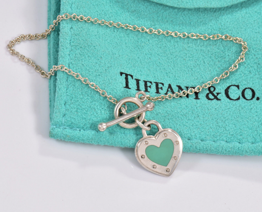 Return To Tiffany & Co Silver Blue Enamel Heart Charm Toggle 6.25" Bracelet Rare