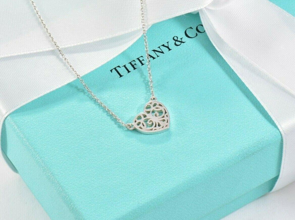 Tiffany & Co Silver Enchant Scroll Small Heart 16" Necklace in Pouch Rare Love