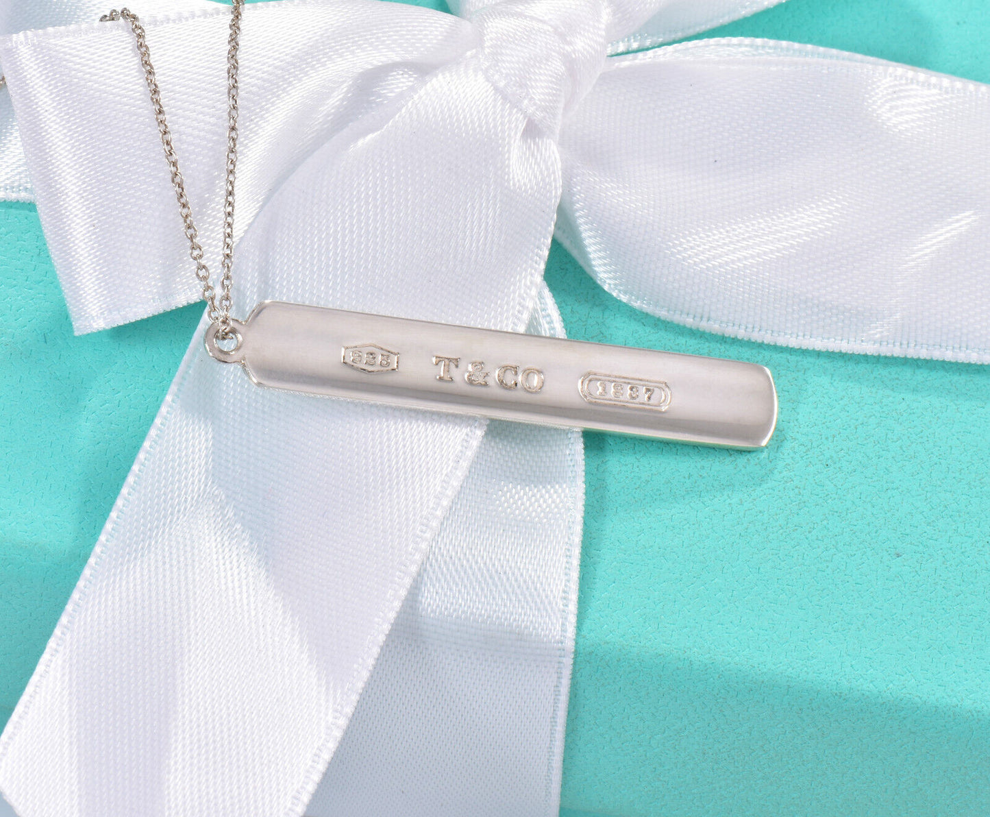 20" Tiffany & Co  Silver Larger 1837 Thin Bar Pendant Necklace Box Pouch Ribbon