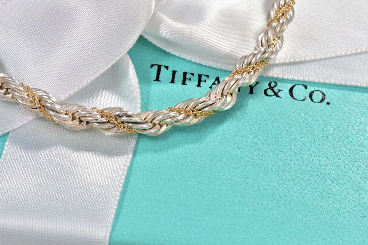 Vintage Tiffany & Co Silver 18K Yellow Gold Rope Chain 7.25" Bracelet in Pouch