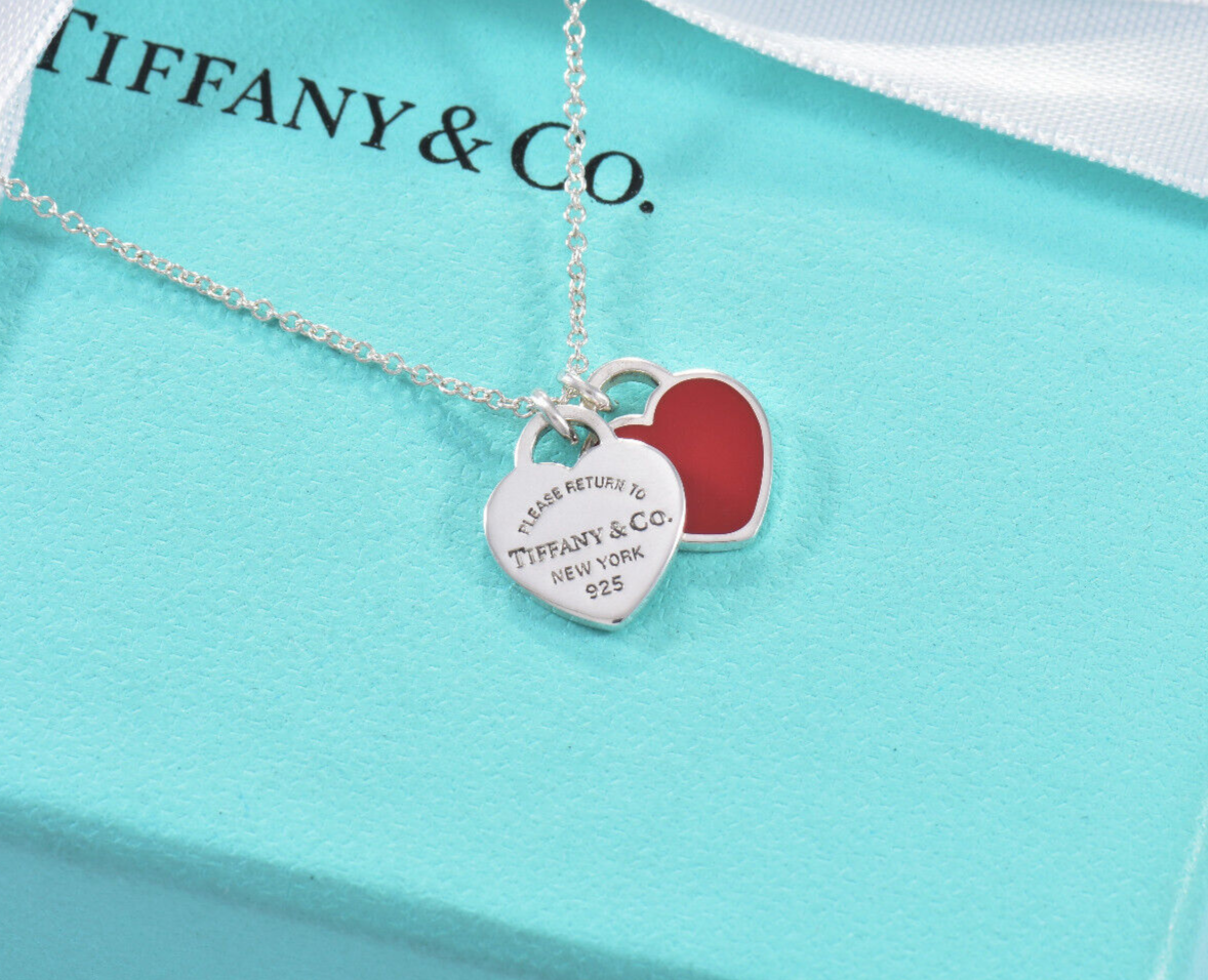 18.5" Please Return Tiffany & Co Silver Mini Double Heart Red Enamel Necklace