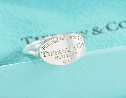 Size 8 Please Return To Tiffany & Co Silver Oval Signet Band Ring & Pouch Rare