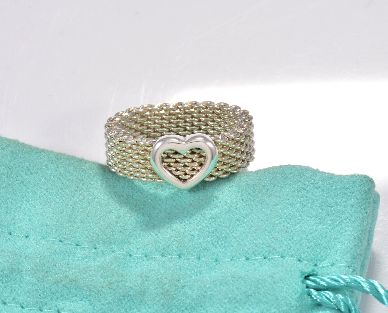 Size 5 Tiffany & Co Sterling Silver Heart Mesh Love Ring in Pouch Rare Lovely