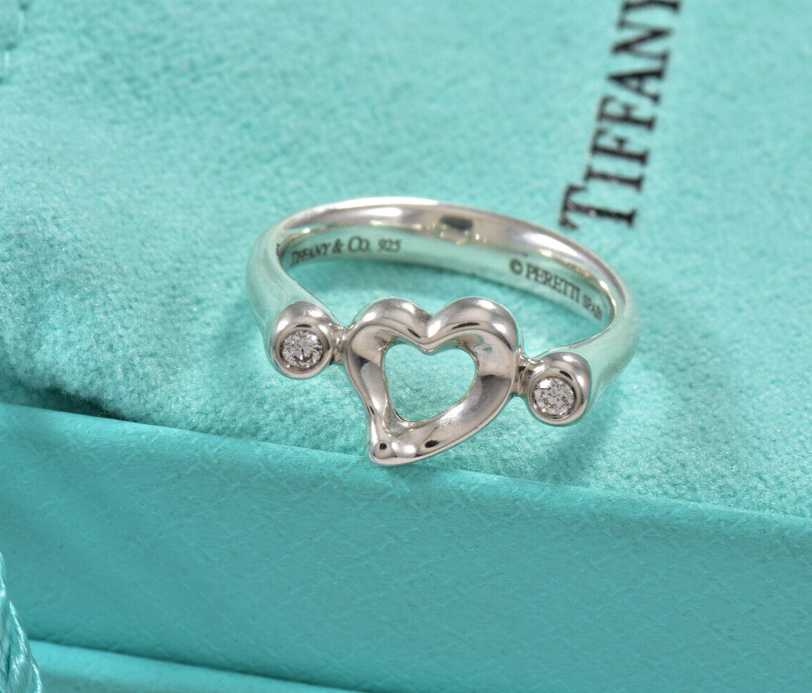 Size 5.5 Tiffany & Co Diamond Silver Elsa Peretti Open Heart Ring in Box Pouch