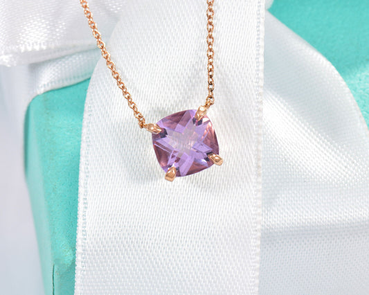 Tiffany & Co 18K Rose Gold Amethyst Square Sparkler Pendant 16" Necklace in Box