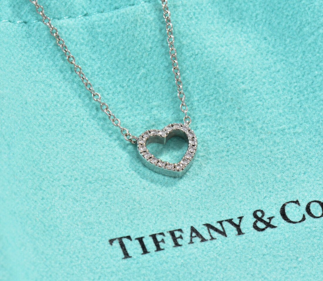 Tiffany & Co Diamond 18K White Gold Metro Heart Pendant 16.75" Necklace in Box