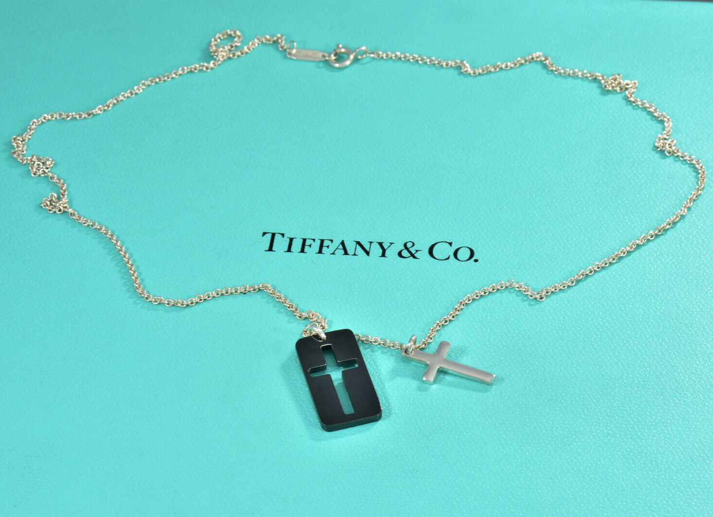 Tiffany & Co Silver Black Titanium Cross Pendant 20" Necklace in Pouch Rare Mens