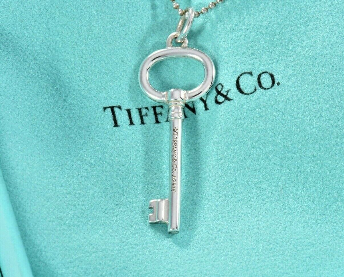 Tiffany & Co Sterling Silver 1.5" Oval Key Pendant 18" Bead Chain Necklace Pouch