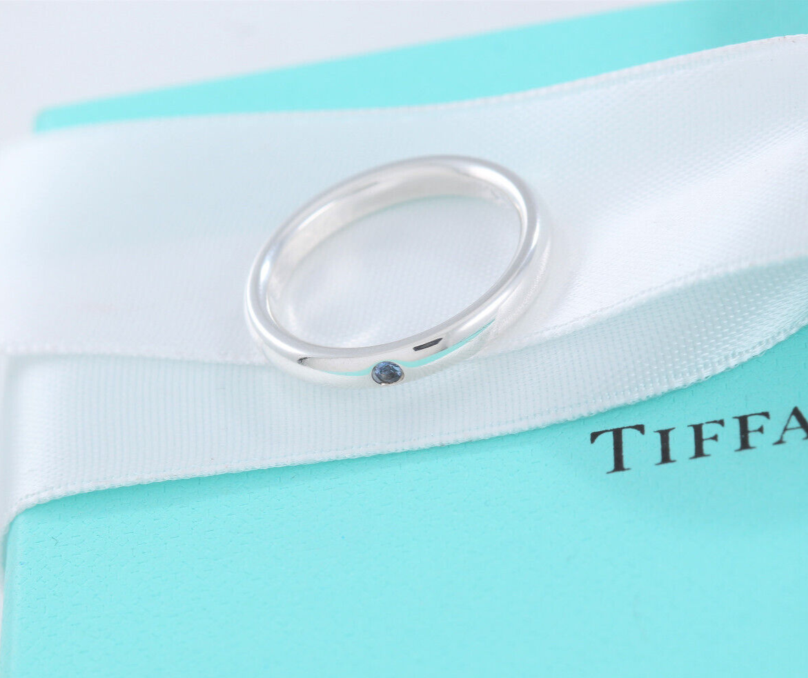 Size 5 Tiffany & Co Silver Elsa Peretti Blue Sapphire Stack Ring in Box Pouch