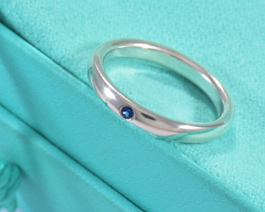 Size 12.5 Tiffany & Co Silver Elsa Peretti Blue Sapphire Stack Ring & Pouch Rare