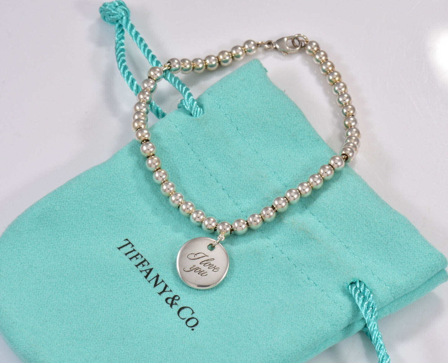 7" Tiffany & Co Silver I Love You Round Tag Bead Chain Bracelet with Pouch Rare