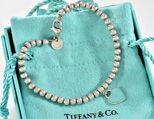 Please Return To Tiffany & Co Silver Blue Enamel Heart Charm Bead 7" Bracelet