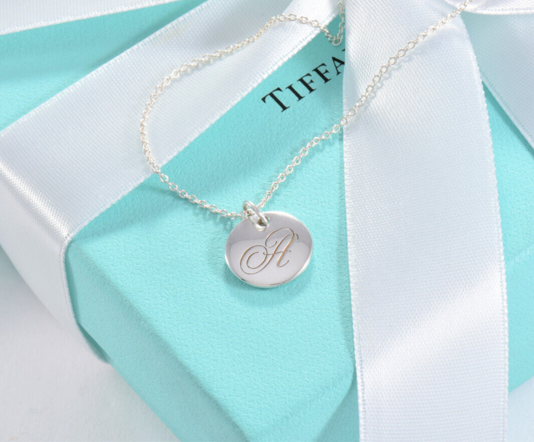 Tiffany & Co Silver Letter A Cursive Circle Pendant 17" Necklace in Box Pouch