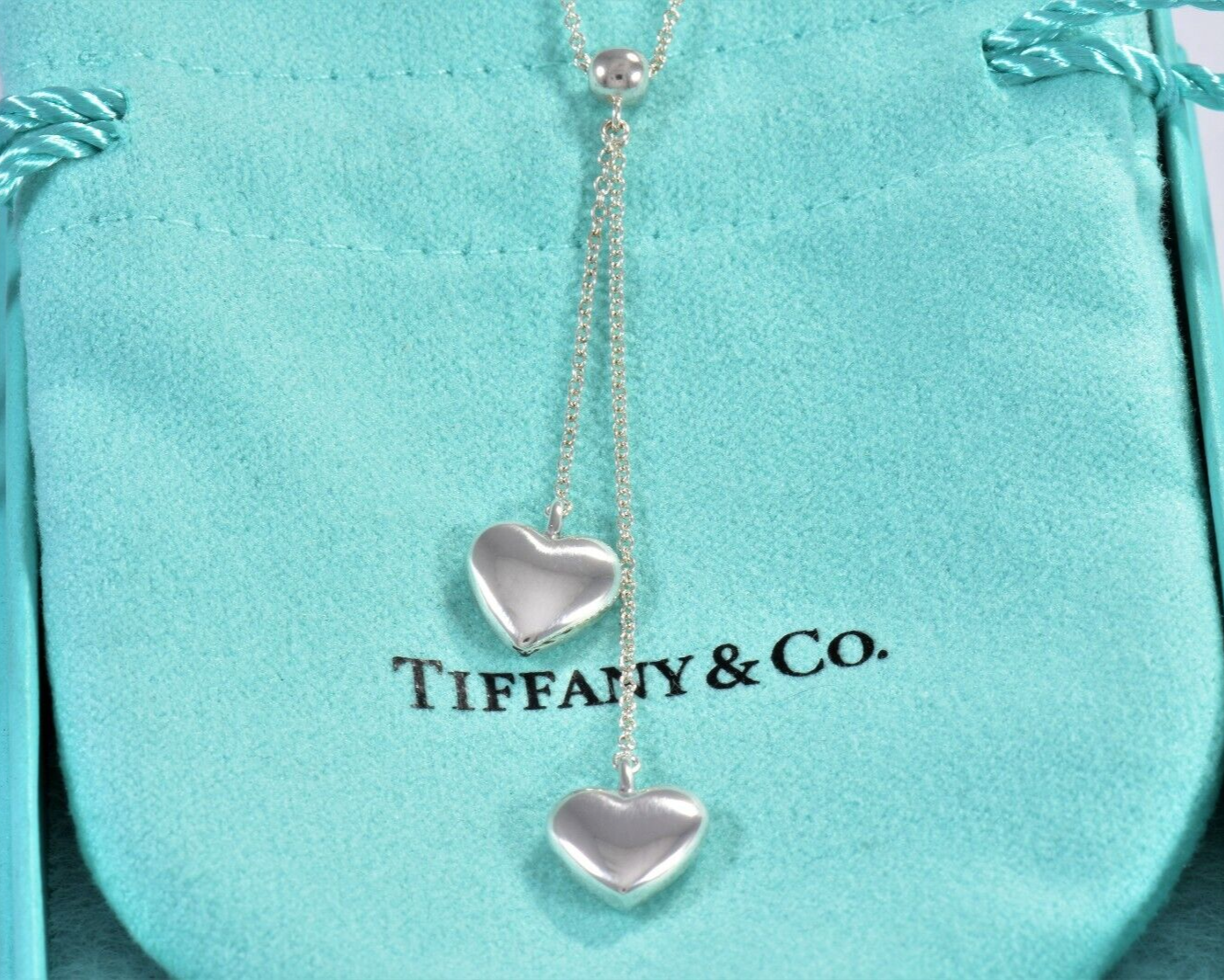 Tiffany & Co Silver Double Puff Heart Bead Drop Pendant Necklace in Pouch Dangle