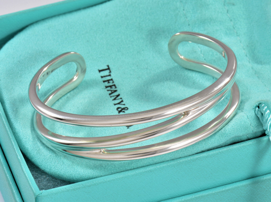 7" Tiffany & Co Sterling Silver Diagonal Open Weave Cuff Love Bracelet in Pouch