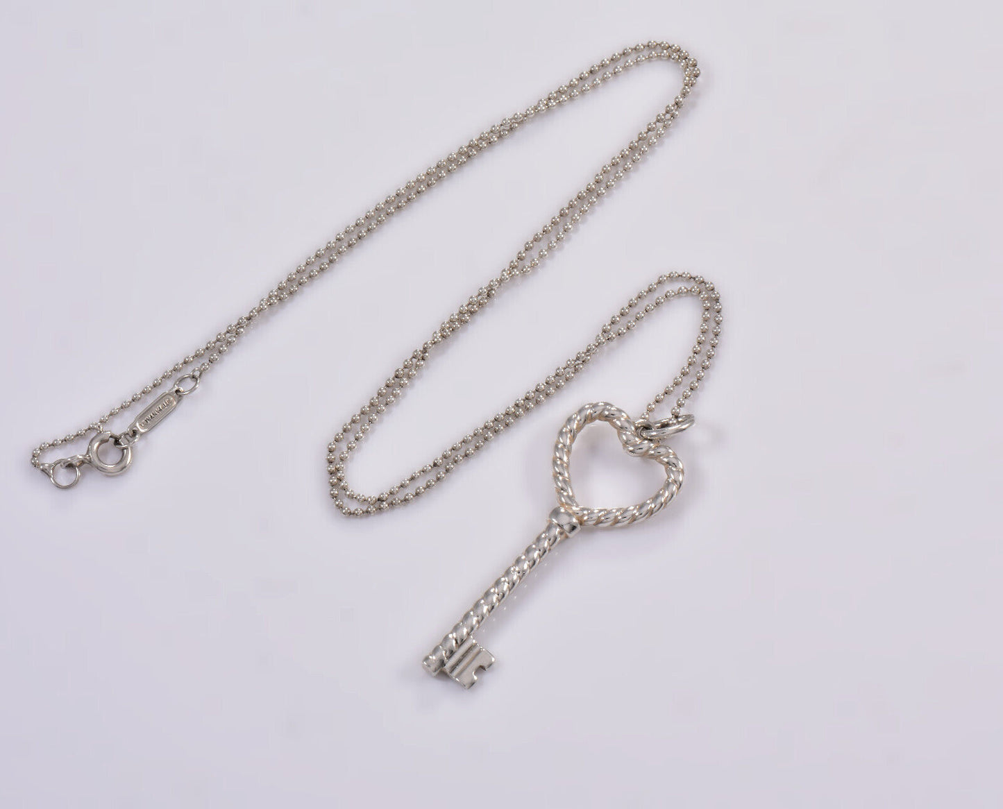 20" Tiffany & Co Silver Large 2" Heart Rope Twist Key Pendant Bead Necklace Rare