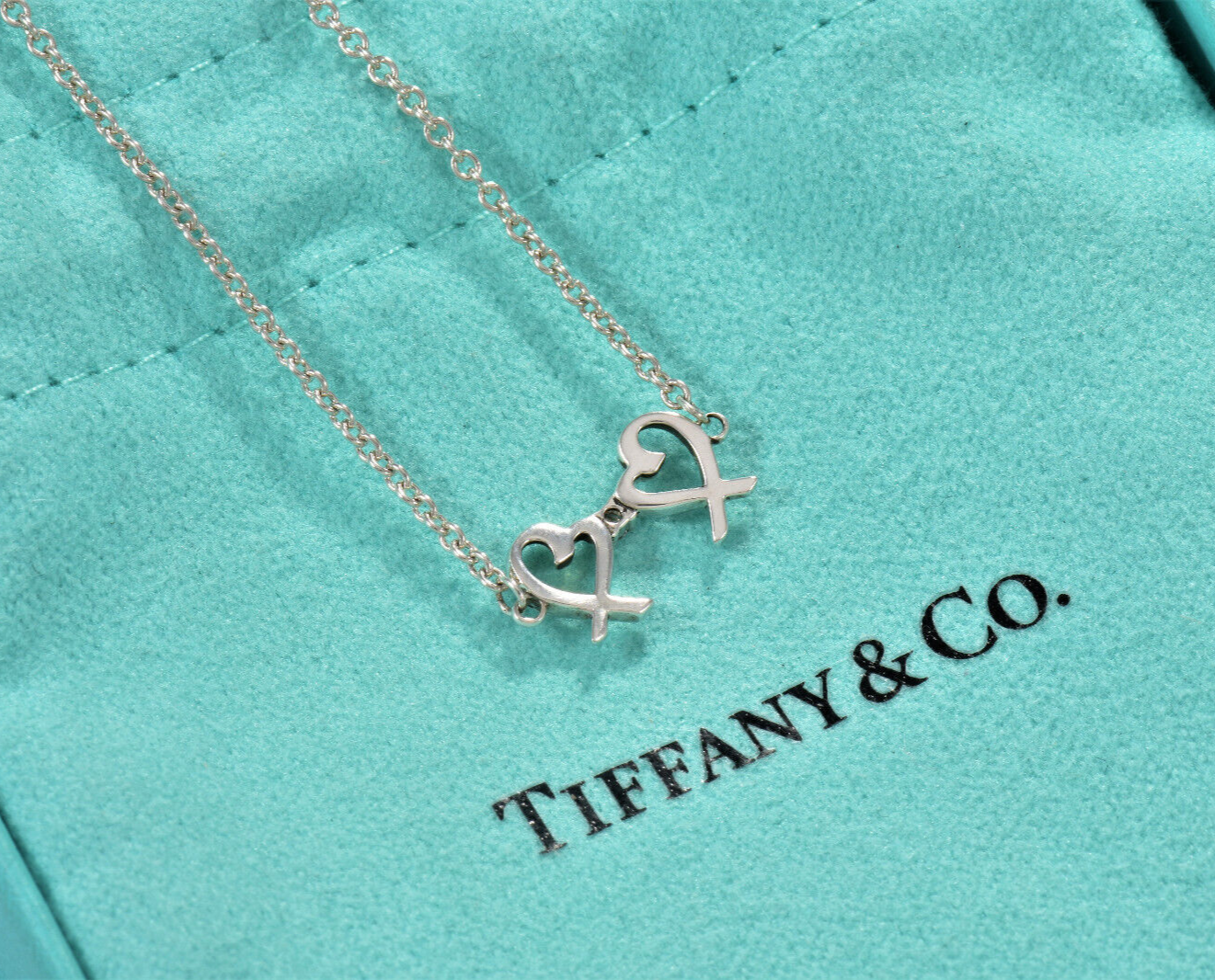 7.5" Tiffany & Co Diamond Silver Paloma Picasso Double Loving Heart Bracelet Box