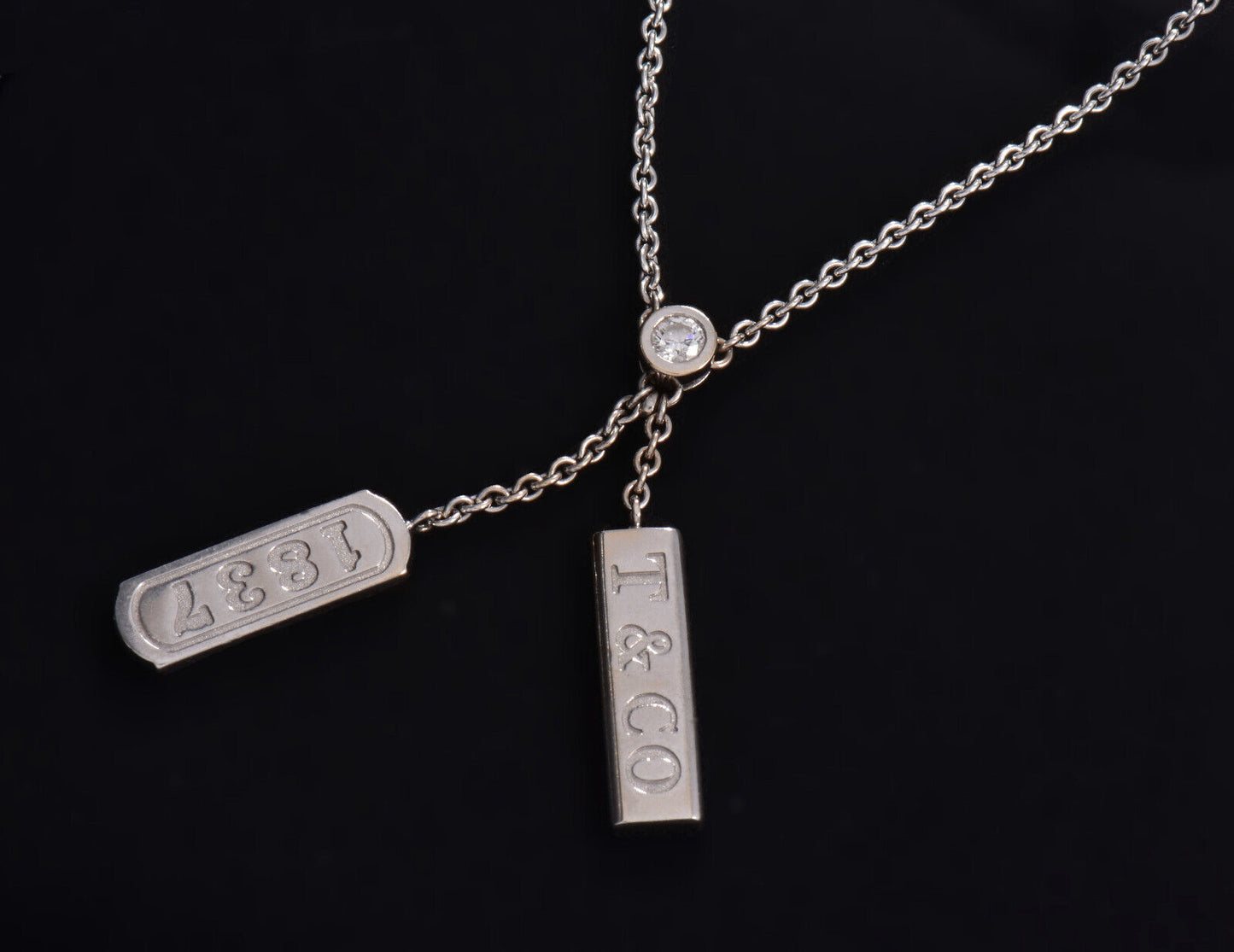 Tiffany & Co Diamond 18K White Gold Logo Doube Bar Two Pendant Necklace in Box