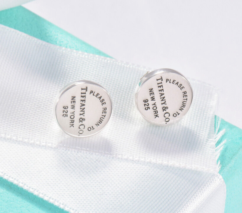 Please Return To Tiffany & Co Silver Circle Stud Earrings in Box Pouch Ribbon