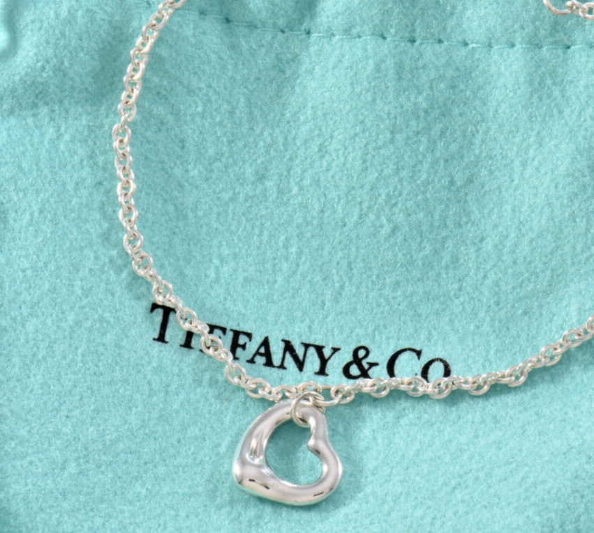 7.75" Tiffany & Co Sterling Silver Elsa Peretti Mini Open Heart Bracelet & Pouch