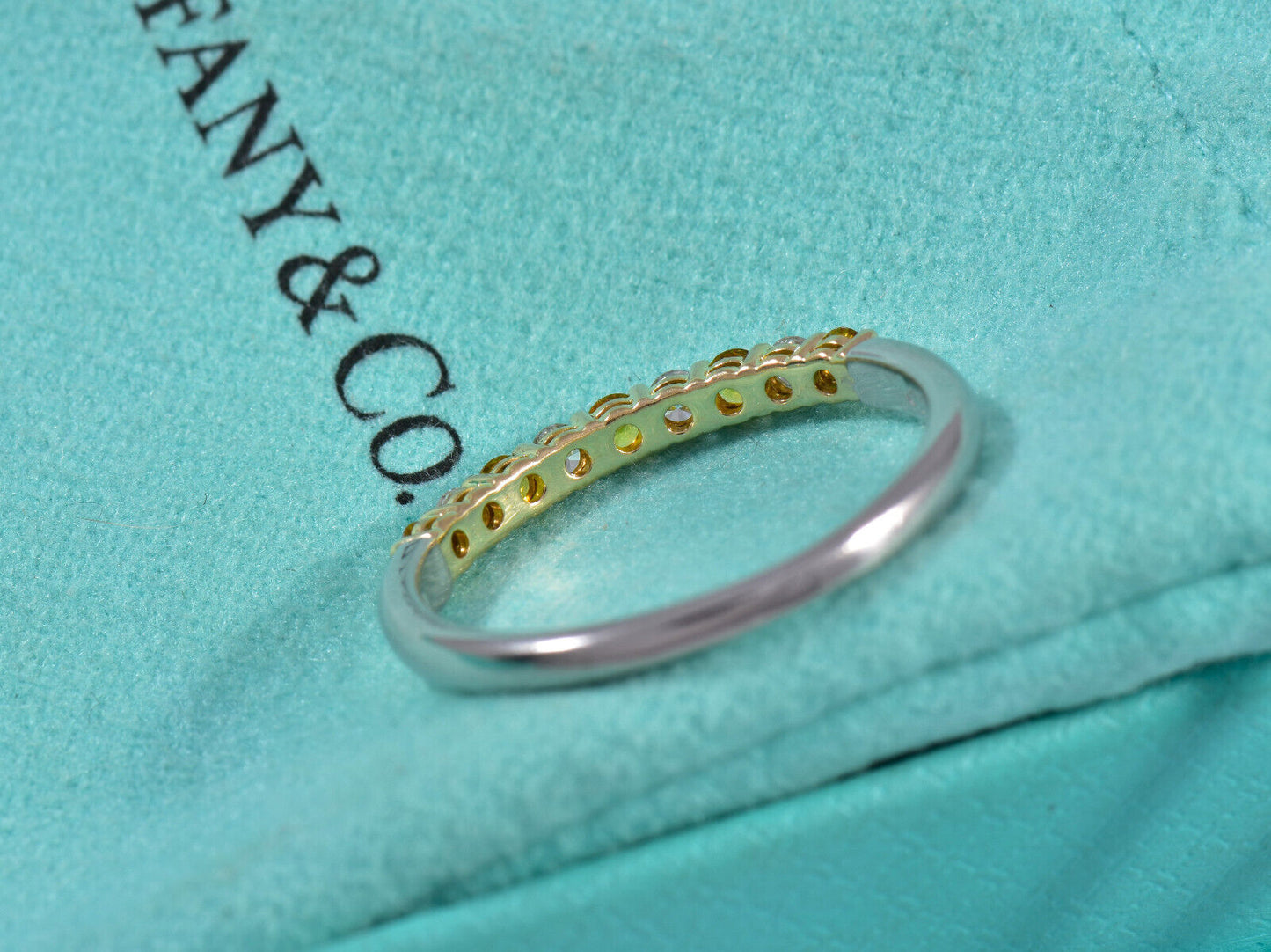 Tiffany & Co Diamond Gold Yellow Sapphire Platinum Band Size 7 Ring in Box Pouch