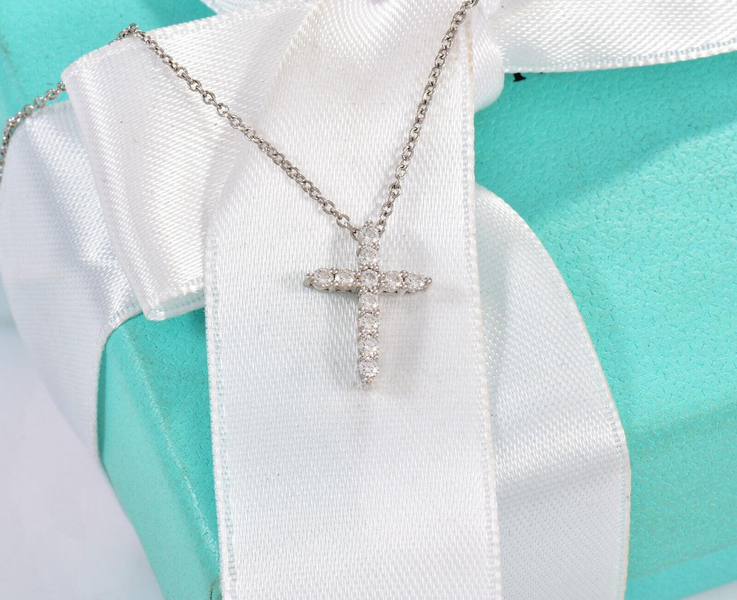 Tiffany & Co .21ct Diamond Platinum Cross Pendant 16.25" Necklace in Box Pouch