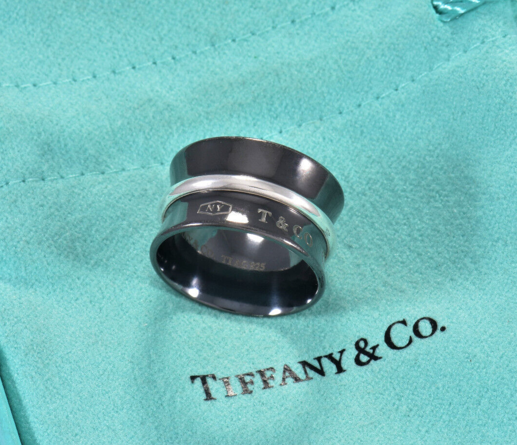 Size 7.5 Tiffany & Co Titanium Silver 1837 Wide Concave Band Ring in Box Unisex