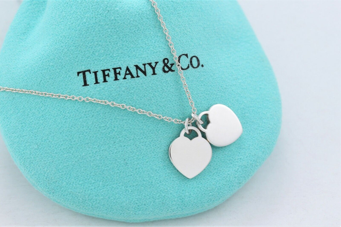 Please Return To Tiffany & Co Silver Mini Double Heart Blue Enamel 16" Necklace