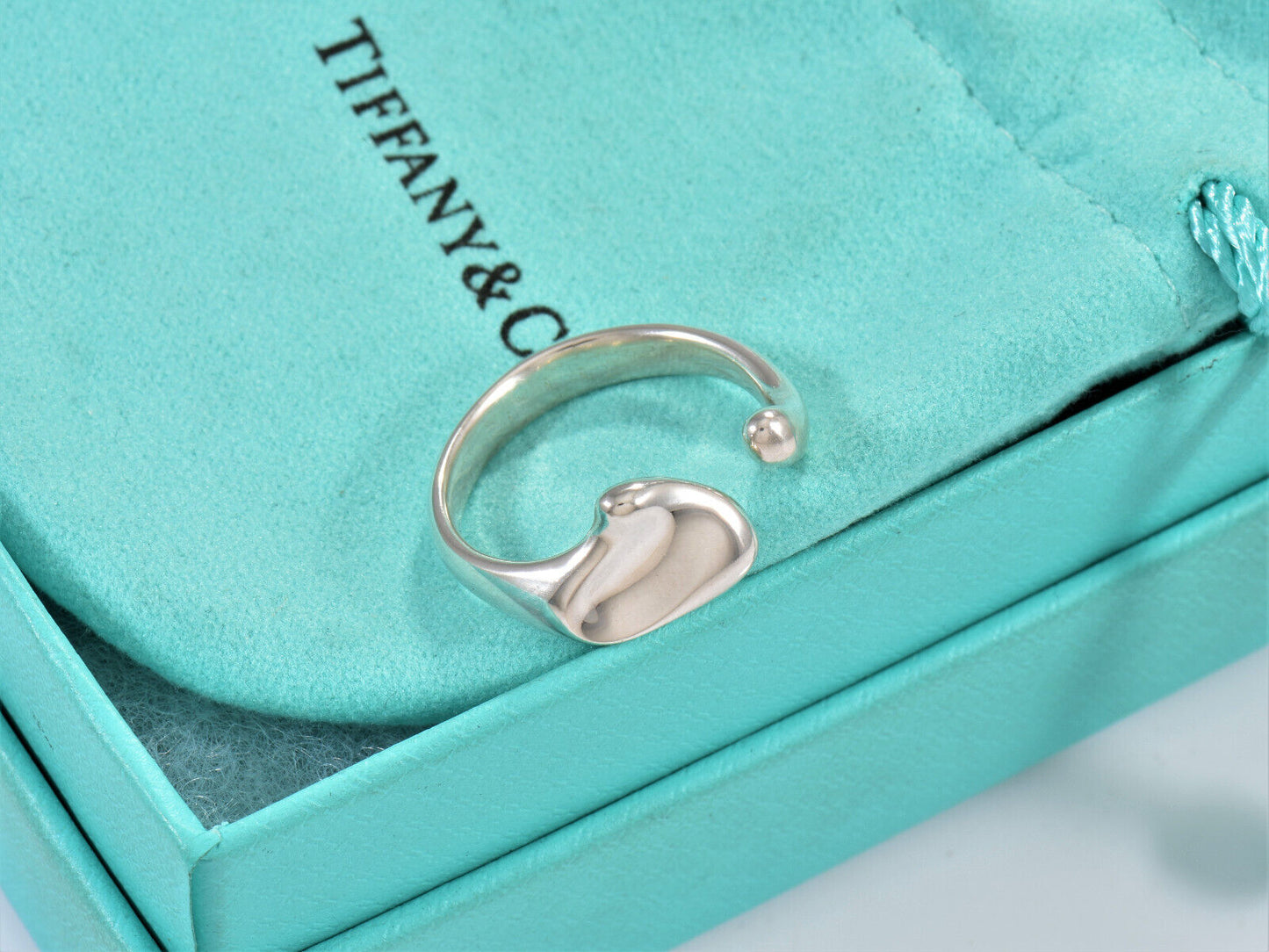 Size 7.5 Tiffany & Co Sterling Silver Elsa Peretti Full Heart Bypass Ring Pouch